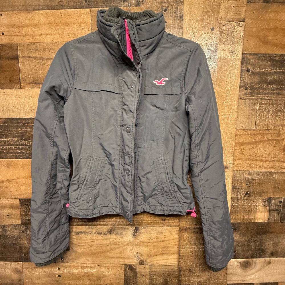 Hollister Jacket XS Gray Pink Full Zip Lightweight Moto Cropped Coat Y2K